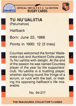 1991 Regina NZRFU 1st Edition #94 Tu Nu'uali'itia Back